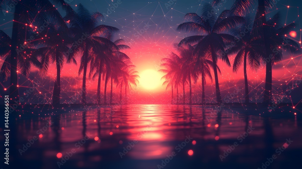 Poster tropical sunset framed by palm trees, bathed in golden light. a digital red network overlays the ser