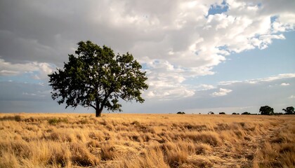 Obraz premium Lonely Tree in Golden Grassland Under Dramatic Sky with Soft Clouds and Blue Horizon