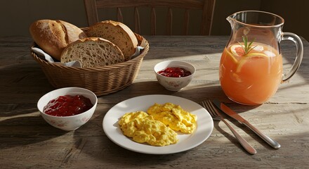 Rustic breakfast table with bread, butter, jam, fresh juice, and scrambled eggs, countryside style.
