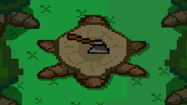 Animation of an old 16-bit game of a forest with an axe in a cut tree trunk, pixel art.