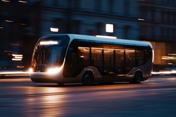 Modern electric bus with sleek design drives fast in the city at night, creating motion blur with city lights reflecting