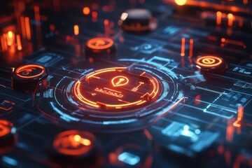 Close up of a futuristic interface with glowing orange and blue circular elements on a dark surface