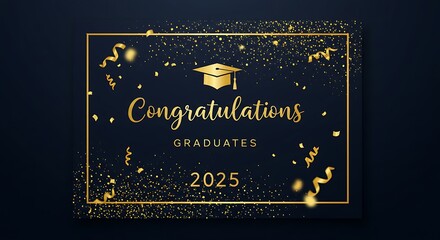 Golden "Congratulations Graduates 2025" Card Design: Elegant Graduation Celebration, Confetti and Mortarboard on Navy Background for Invitations, Banners, Posters and More.