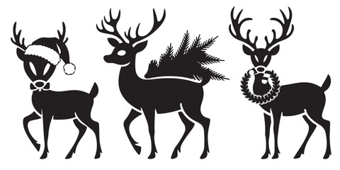 set of black vector reindeer, Christmas reindeer, deer, wild deer silhouettes
