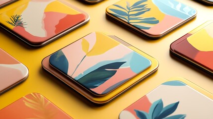 Square Coasters Arrangement with Modern Abstract Designs on a Vibrant Yellow Surface