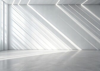 Minimalist White Room Interior with Sunlight Streaks and Marble Floor Texture