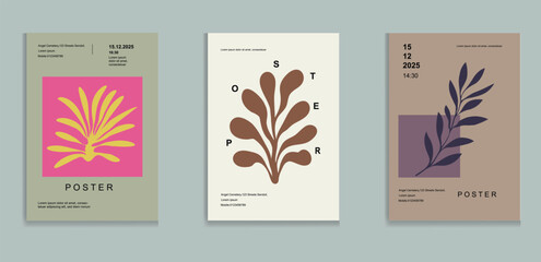Bold and minimal leaf-themed poster series with modern typographic elements. Ideal for contemporary vector.