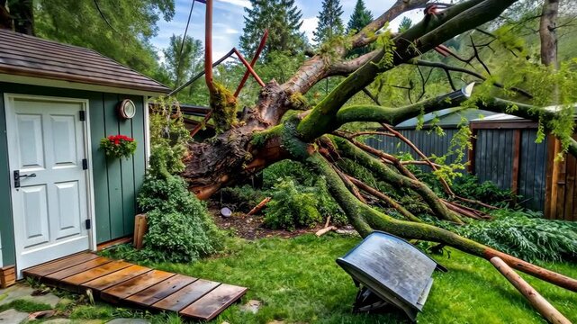 Large tree falls in a backyard, narrowly missing a shed and damaging a grill and fence