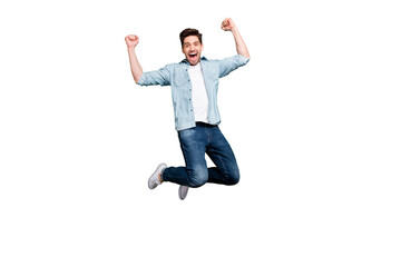 Full length body size photo of cheerful crazy ecstatic guy rejoicing with his favorite sport team...
