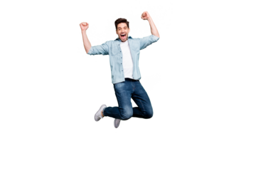 Full length body size photo of cheerful crazy ecstatic guy rejoicing with his favorite sport team having won competitions isolated jumping isolated over green vivid color background