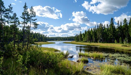 Obraz premium Serene Landscape with Calm Water, Lush Greenery, and Beautiful Blue Sky Under Bright Clouds