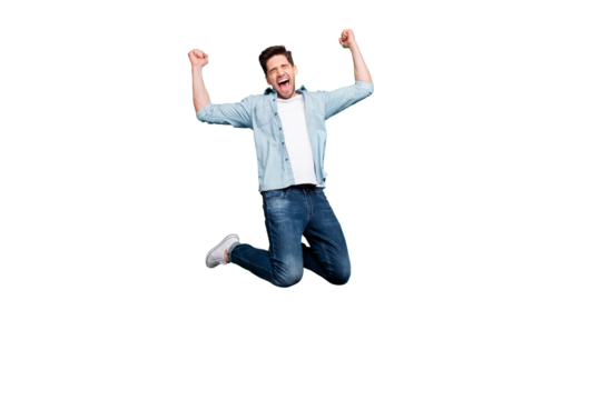 Full length body size photo of cheerful rejoicing crazy man shutting his eyes in a fit of victorious feelings and emotions isolated over green vivid color background