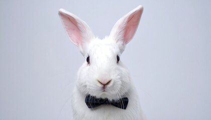 Obraz premium Elegant White Rabbit Wearing a Bow Tie with a Plain Background for Creative and Playful Concepts