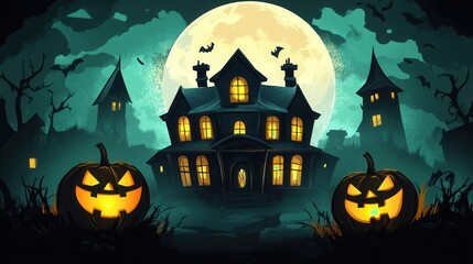 Spooky Halloween night scene with haunted house, full moon, bats, and glowing jack o' lanterns. Perfect for Halloween themes and spooky backgrounds.