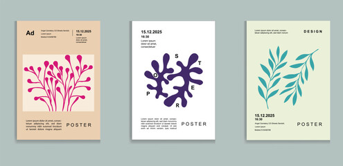 Bold and minimal leaf-themed poster series with modern typographic elements. Ideal for contemporary vector.