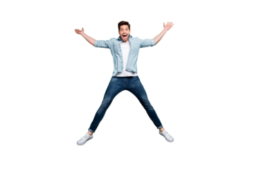 Full size photo of handsome guy jumping high in star shape celebrating sport competition first place winning wear casual denim outfit isolated green color background