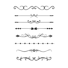 Text dividers doodle set. Wedding decorative elements. Divider ornament borders vintage line separators.Line dividers. Decorative swirl text separators, vintage divider.Golden vintage floral elements 