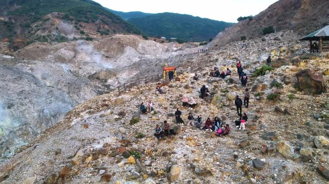 dead forest at Papandayan Mountain West Java Indonesia. Drone view