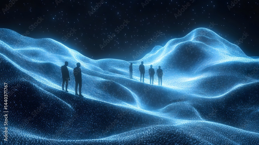 Aufkleber silhouetted figures populate a glowing digital world, a wireframe mesh of hills under a starry sky. 