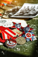 Naklejka premium Orders and medals of the USSR.Awards of the Second world war close-up.Victory Day - 9 of may 1945. Soviet military awards.Phaleristics.Antikvariat.