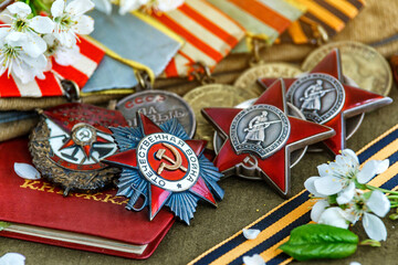 Naklejka premium Orders and medals of the USSR.Awards of the Second world war close-up.Victory Day - 9 of may 1945. Soviet military awards.Phaleristics.Antikvariat.