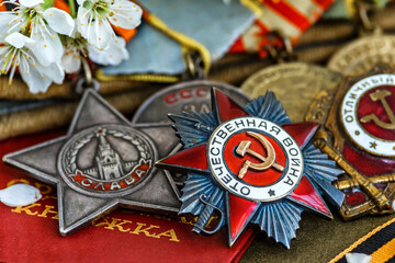 Naklejka premium Orders and medals of the USSR.Awards of the Second world war close-up.Victory Day - 9 of may 1945. Soviet military awards.Phaleristics.Antikvariat.