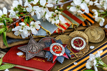 Naklejka premium Orders and medals of the USSR.Awards of the Second world war close-up.Victory Day - 9 of may 1945. Soviet military awards.Phaleristics.Antikvariat.