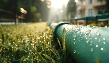 Fototapeta premium A green garden hose lies on dew-covered grass in a sunlit yard, with a house and trees softly blurred in the background.