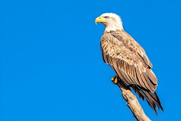 Obraz premium A majestic eagle perched on a weathered branch against a vibrant blue sky Its feathers are richly textured, showcasing intricate patterns