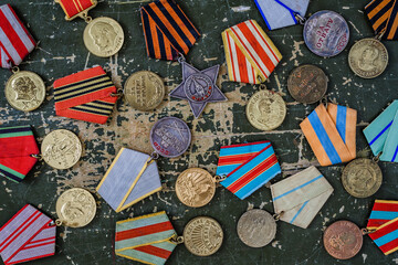 Naklejka premium Orders and medals of the USSR.Awards of the Second world war close-up.Victory Day - 9 of may 1945. Soviet military awards.Phaleristics.Antikvariat.