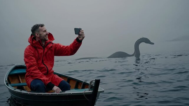 Happy tourist wearing red raincoat is sitting in a rowboat and taking a picture of the loch ness monster with his smartphone in the foggy lake