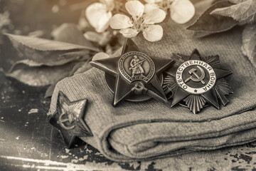 Naklejka premium Orders and medals of the USSR.Awards of the Second world war close-up.Victory Day - 9 of may 1945. Soviet military awards.Phaleristics.Antikvariat.