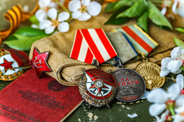 Naklejka premium Orders and medals of the USSR.Awards of the Second world war close-up.Victory Day - 9 of may 1945. Soviet military awards.Phaleristics.Antikvariat.