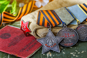 Naklejka premium Orders and medals of the USSR.Awards of the Second world war close-up.Victory Day - 9 of may 1945. Soviet military awards.Phaleristics.Antikvariat.