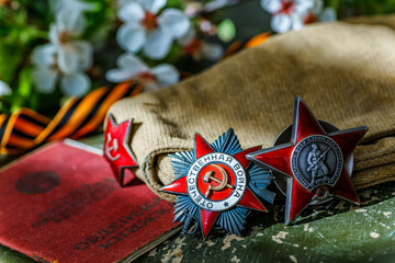 Naklejka premium Orders and medals of the USSR.Awards of the Second world war close-up.Victory Day - 9 of may 1945. Soviet military awards.Phaleristics.Antikvariat.