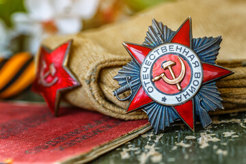 Naklejka premium Orders and medals of the USSR.Awards of the Second world war close-up.Victory Day - 9 of may 1945. Soviet military awards.Phaleristics.Antikvariat.