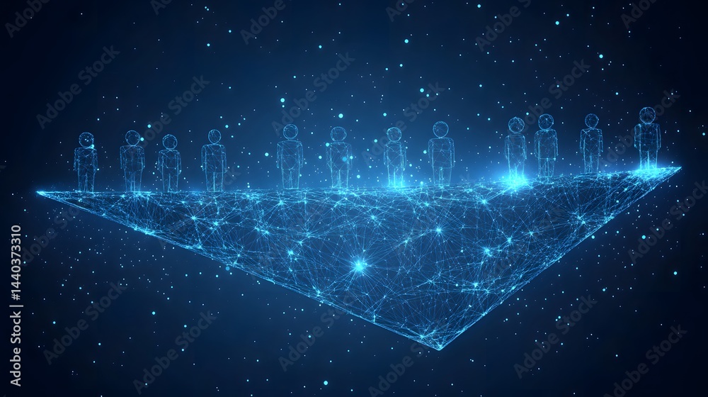 Fototapete Futuristic scene with glowing blue polygonal structure and abstract human figures on a platform. A digital representation of a team in a virtual space. Abstract wireframe in dark blue.