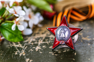 Naklejka premium Orders and medals of the USSR.Awards of the Second world war close-up.Victory Day - 9 of may 1945. Soviet military awards.Phaleristics.Antikvariat.