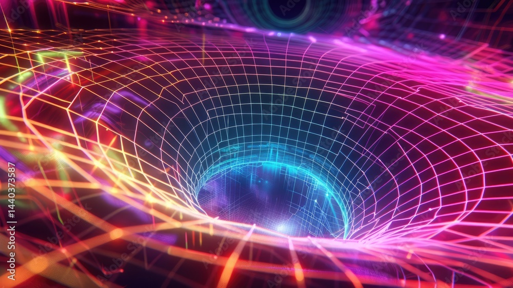 Poster abstract digital image of a colorful vortex with grid patterns on a dark background. digital artwork