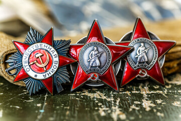 Obraz premium Orders and medals of the USSR.Awards of the Second world war close-up.Victory Day - 9 of may 1945. Soviet military awards.Phaleristics.Antikvariat.
