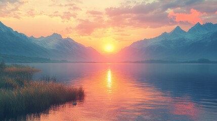Fototapeta premium Majestic sunset over a serene lake, with snow-capped mountains
