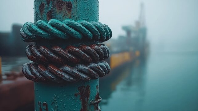 Rusted metal post with nautical ropes