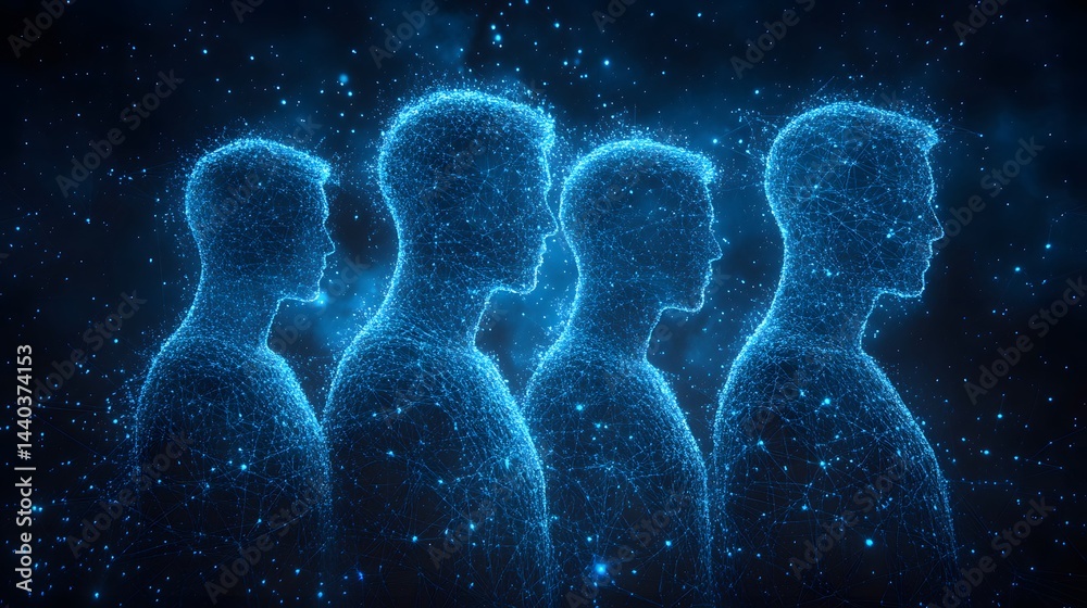 Fototapete Futuristic digital people connected by glowing nodes. This image evokes technology and communication. Abstract wireframe in dark blue for science and innovation.