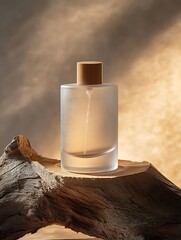 Frosted glass perfume with wood, and sunset.