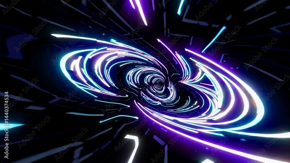 Poster bright neon light trails are swirling around a central vortex, creating a mesmerizing visual effect 