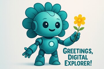 Cute Flower Robot Greeting Digital Explorer, Friendly Futuristic AI Character Illustration