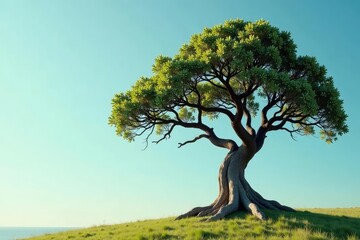 Tree with gnarled trunk and branches stretching upwards, twigs, solitary