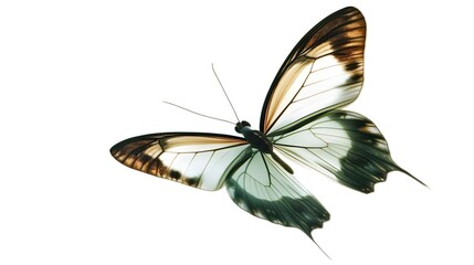 A stunning glasswing butterfly with translucent wings and intricate brown markings, isolated on a pure white background.  Perfect for nature, beauty, or environmental themes.