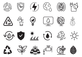 Set of 24 outline ecology and environment, recycling, nature protection, renewable energy and sustainable technology Vector illustration and with recycling editable vector isolated