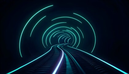 Glowing teal circles frame a futuristic, curving, neon-lit rail track receding into a dark tunnel